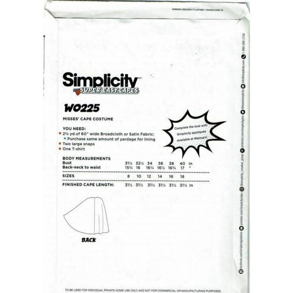 Simplicity Sewing Pattern 0225 Misses Cape Costume Easy Size 8-18 - Picture 2 of 2